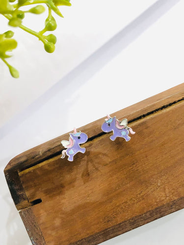 925 Silver Baby Purple Unicorn Earrings